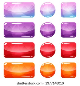 Colorful rounded square, rectangle and circle glossy buttons set, vector assets for web or game design, app icons vector template isolated on white background.