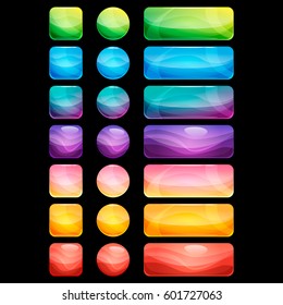 Conjunto de botones cuadrados redondeados coloridos, rectangulares y de círculo brillante, activos vectoriales para diseño web o de juegos, plantilla vectorial de iconos de aplicación aislada en fondo negro.