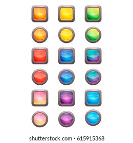 Colorful rounded square and round glossy buttons in a stone frame set, vector assets for web or game rocky design, app icons vector template isolated on white background.
