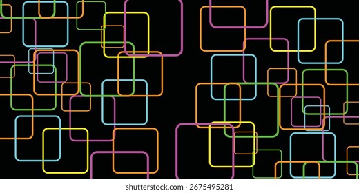 Cuadrados coloridos y redondeados conectados por líneas están dispersos a través de un fondo negro. Las Formas se superponen, creando un patrón geométrico vibrante.