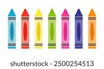 Colorful Row of Seven Crayons in Various Bright Colors on a White Background.