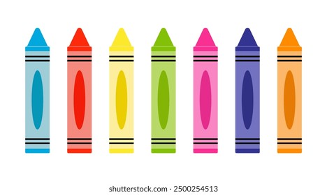 Colorful Row of Seven Crayons in Various Bright Colors on a White Background.