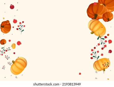 Vector Beige De Fondo Rojo Colorido. Granja Gourd. Plantilla de invitación verde. Frontera de Acción de Gracias. Banner de calabazas de verduras rojas.