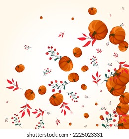 Colorful Rowan Background Light Vector. Burgundy Print Border. Yellow Pumpkin September Frame. Plant Foliage. Collection Texture.