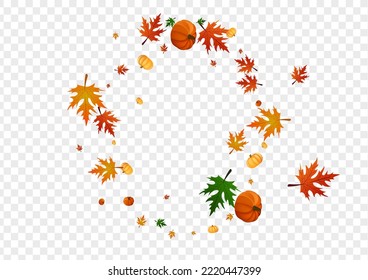Colorful Rowan Background Transparent Vector. Gold Maple Card. Yellow Gourd Halloween Illustration. Leaves September. Season Texture.