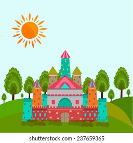 Colorful royal castle for fairy tales concept with sun on nature view background.