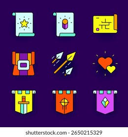 Um colorido conjunto de ícones de RPG com Classes de Personagem e Ícones de Recompensa, e Vida Extra, Inventário e Seta de Habilidade para a interface do jogo de fantasia