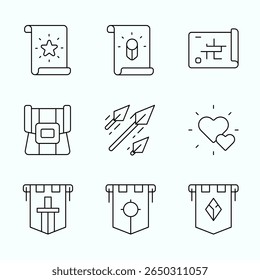 Um colorido conjunto de ícones de RPG com Classes de Personagem e Ícones de Recompensa, e Vida Extra, Inventário e Seta de Habilidade para a interface do jogo de fantasia