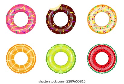 Colorful rubber swim rings set for water floating. Swimming circle lifesaver collection for child safe. Rubber rings. Swimming ring rubber toy realistic icons. Isolated on white background. top view.