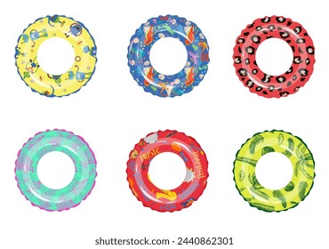 Colorful rubber swim rings set for water floating. Swimming circle lifesaver collection for child safe. Rubber rings. Swimming ring rubber toy realistic icons. Isolated on white background. Top view.