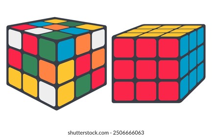 Colorido juego de combinación de Rubik Vector. Los Elementos de juguete de Rubik resuelven problemas.