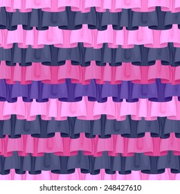 Colorful ruffles seamless pattern. Frills background - pink, black, purple.