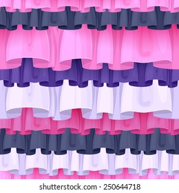 Colorful ruffles seamless pattern. Frills background -pink, black, purple.