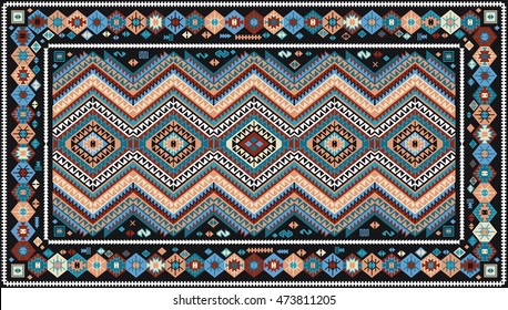 Colorful rug with traditional folk geometric pattern. Carpet border frame pattern. Vector 10 EPS illustration. 