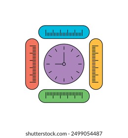 colorful rulers and analog clock concept. slim, elegant, simple rulers and analog clock