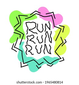Colorful "run" line lettering and random doodles isolated on white background. Handwritten motivation active healthy lifestyle quote. Inspiring sport font print. Sketchy jogging workout typography.
