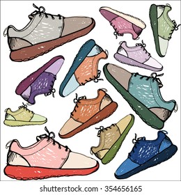 Colorful running shoes sneakers sketch drawn by hand