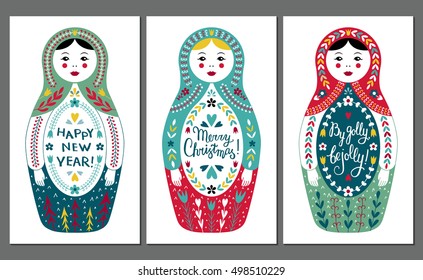 Colorful russian traditional nested doll vector set. Vintage Christmas greeting cards with babushka and lettering inscriptions. EPS 10 postcard illustrations isolated on white background.