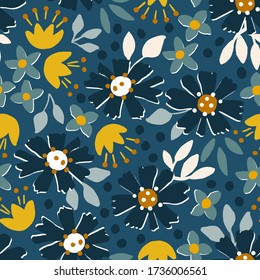 Colorful rustic graphic floral vector seamless pattern on blue background. Stylized hand drawn with ink and brush garden abstract flowers. Perfect for fabric, gift wrap, kitchen textiles and others.