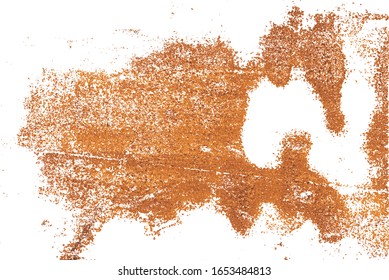 Colorful rusty metal overlay for design. Attrition. Corrosion. Oxidation. Isolated brawn-orange stains on damaged painted metal surface.