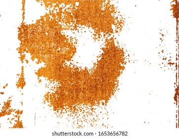 Colorful rusty metal overlay for design. Attrition. Corrosion. Oxidation. Isolated brawn-orange stains on damaged painted metal surface.