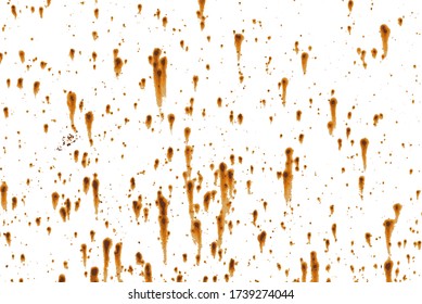 Colorful rusty metal overlay for design. Attrition. Corrosion. Oxidation. Isolated brawn-orange stains on damaged painted metal surface. Vector EPS10.