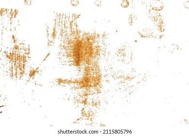Colorful rusty metal overlay for design. Attrition. Corrosion. Oxidation. Isolated brawn-orange stains on damaged painted metal surface. Vector EPS10.