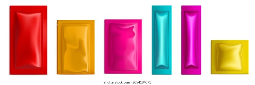 Colorful sachet, pouch bags vector mockup, wet wipes, condom, salt, sugar or candy packs. Isolated blank packages for food, coffee or cosmetics samples on white background, Realistic 3d mock up, set