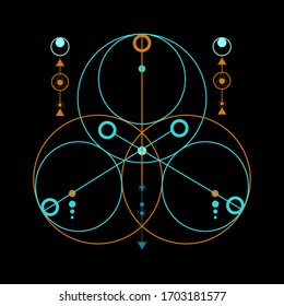 Colorful sacred geometry on black background, can be used in your design, the art of tattooing, the design of logos, corporate identity, as a poster or a badge
