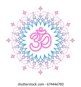 Colorful sacred Hindu sign. Hinduism om symbol. Magic sacred mandala design. Ethnic floral circle elements. Vector illustration.