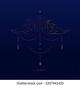 colorful Sacred Lotus flower, stylized floral ornament, line art logo, boho design. Flower blossom symbol of yoga, spa, beauty salon, cosmetics, relax, brand style. Vector isolated on blue background