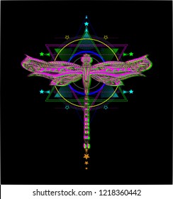 Colorful sacred pattern with hand drawn flying insect. image with glitch effect. Six pointed star and dragonfly. Print for t shirt and tattoo art.Pop art. Unalome. Alchemy. Heraldic illustration.