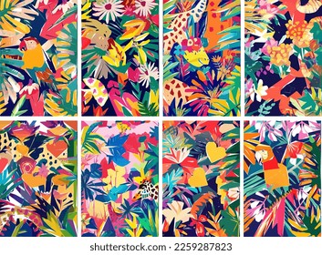 Colorful Safari Jungle with tropical leaves, animals, birds and exotic flowers. Vector illustration.