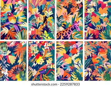 Colorful Safari Jungle with tropical leaves, animals, birds and exotic flowers. Vector illustration.