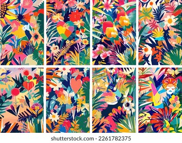 Colorful Safari Jungle with tropical leaves, animals, birds and exotic flowers. Vector illustration.