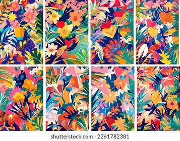Colorful Safari Jungle with tropical leaves, animals, birds and exotic flowers. Vector illustration.