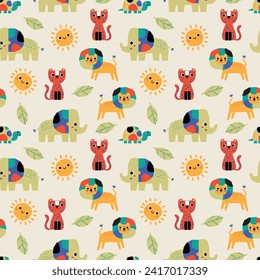 colorful safari pattern design with cute safari animals drawing as vector