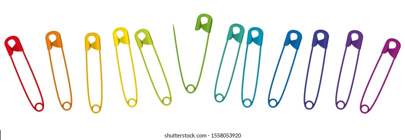 Colorful safety pins. Set of 12 rainbow colored baby pins in a row. Isolated vector illustration on white background.
