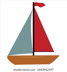 Colorful Sailboat Vector with Red and Blue Sails on White Background – Nautical Design Illustration