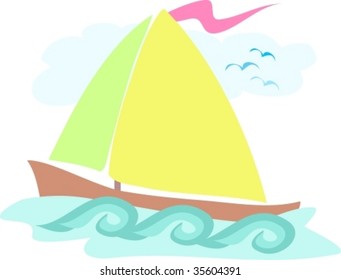 Colorful Sailboat with Waves and Gulls Vector
