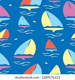 Colorful sailboats and fish jumping out of water flat vector illustration. Seamless pattern. Summer print in light blue, pink, red, yellow, and navy blue.