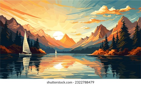 With colorful sailboats and a gorgeous mountain backdrop, a tranquil lakeside picture is created.svg.2023_06_26_08_37_12.0