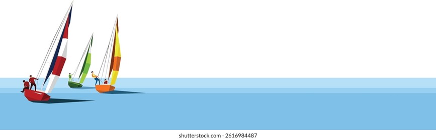 Colorful sailboats with people sailing on a calm sea in a flat minimalist vector style.