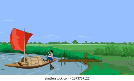 colorful sails boat leave out the ferries - illustration