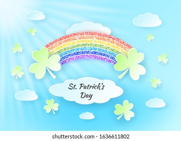 Colorful Saint Patrick's Day background with glittering rainbow on blue sky with sun shine  and clouds in paper cut style. Poster, greetibg card, banner. Vector illustration.