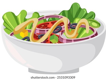 Colorful salad with greens, tomatoes, and dressing