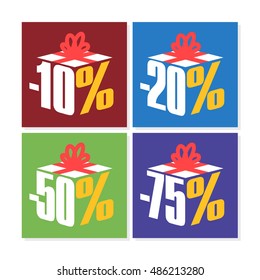 Colorful Sale 10%, 20%, 50% and 75%; Isometric Gift Discount Label Tag with different percents Isolated