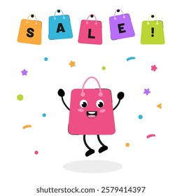 Colorful sale announcement with cheerful shopping bag character celebrating discounts