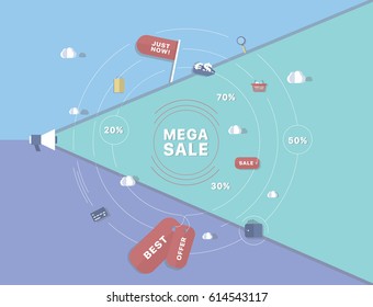 Colorful sale background. Concept business vector for investing into ideas, creative innovative work, growing business. Flat illustration with thin broken line.