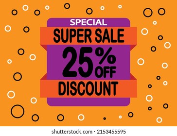 Colorful sale banner discount 25 percent off. Advertising discount banner. Hot offer coupon.